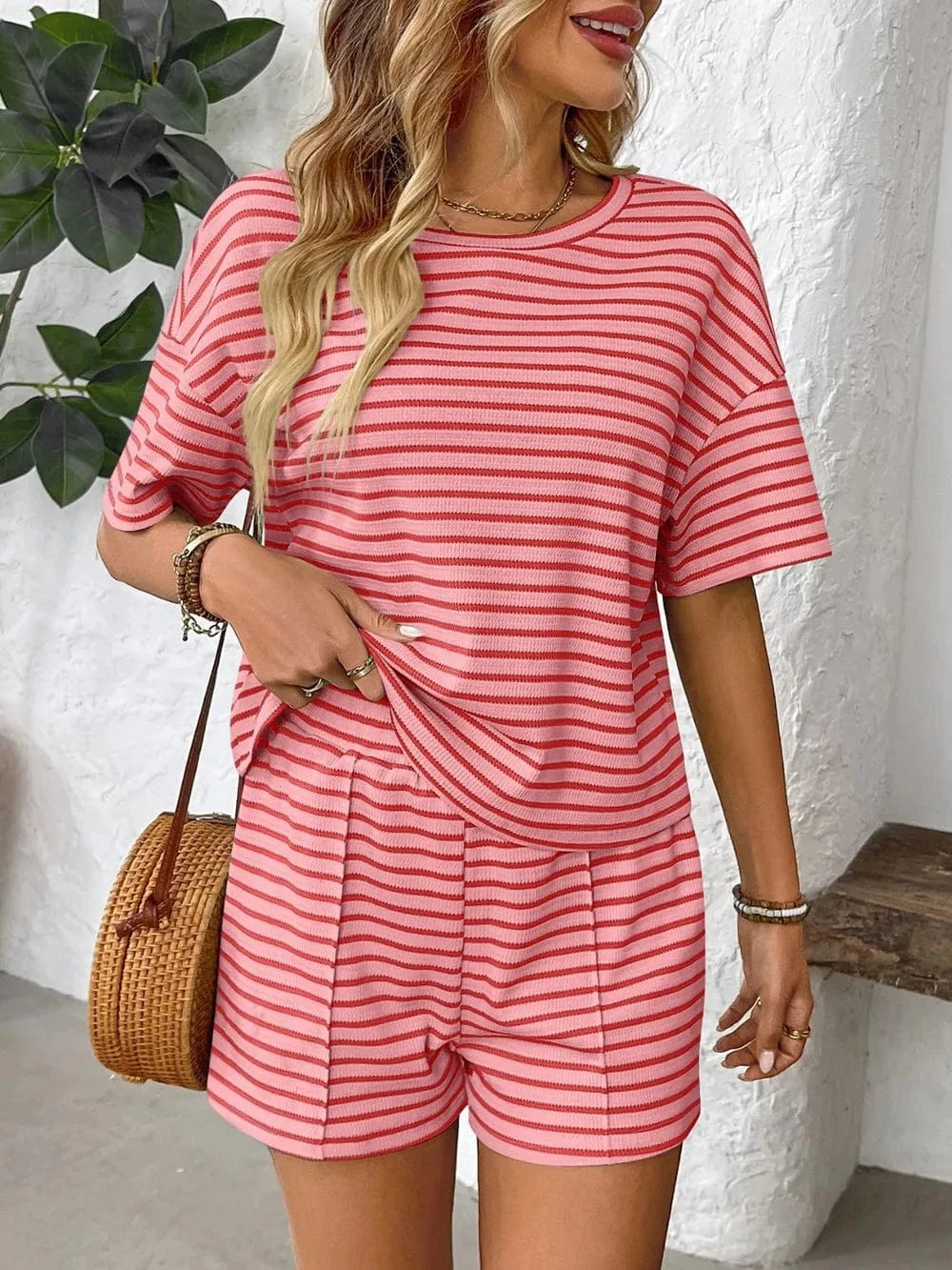 Trendsi Strawberry / S Striped Round Neck Short Sleeve Top and Shorts Set