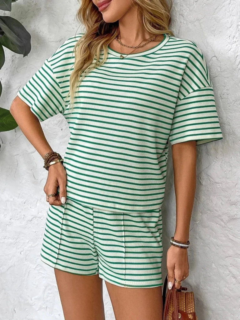 Striped Round Neck Short Sleeve Top and Shorts Set - Green by Trendsi from FREYA’S CLOSET