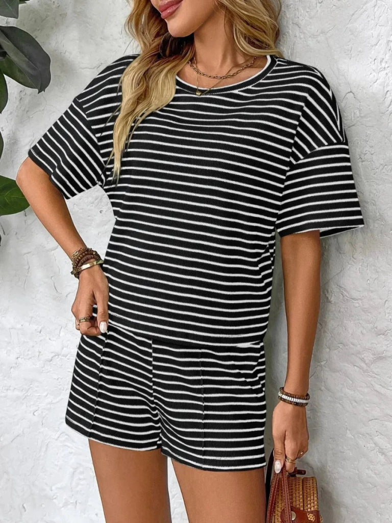 Striped Round Neck Short Sleeve Top and Shorts Set - Black by Trendsi from FREYA’S CLOSET