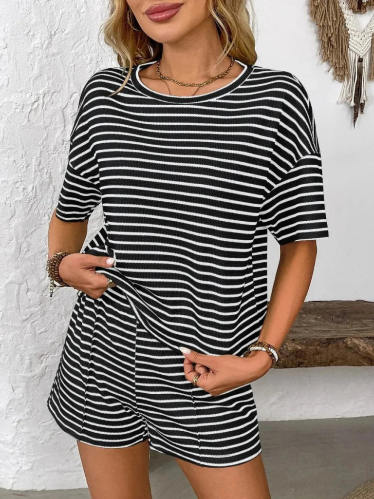 Striped Round Neck Short Sleeve Top and Shorts Set - Black by Trendsi from FREYA’S CLOSET