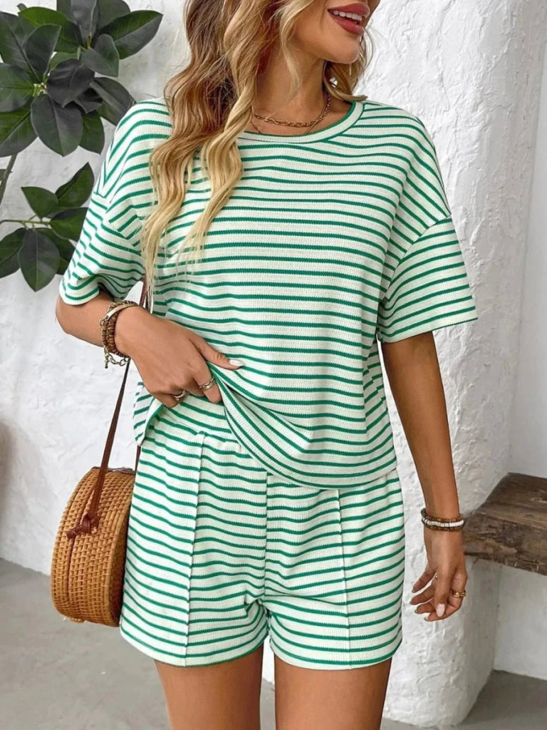 Striped Round Neck Short Sleeve Top and Shorts Set - Green by Trendsi from FREYA’S CLOSET