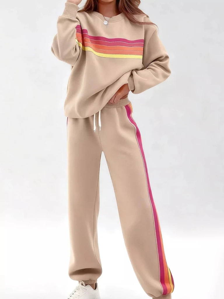 Striped round neck sweatshirt and pants set, alternate product image
