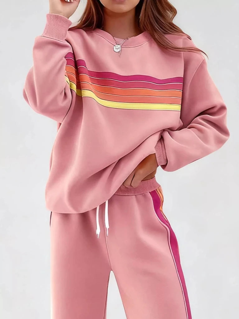 Striped round neck sweatshirt and pants set, alternate product image