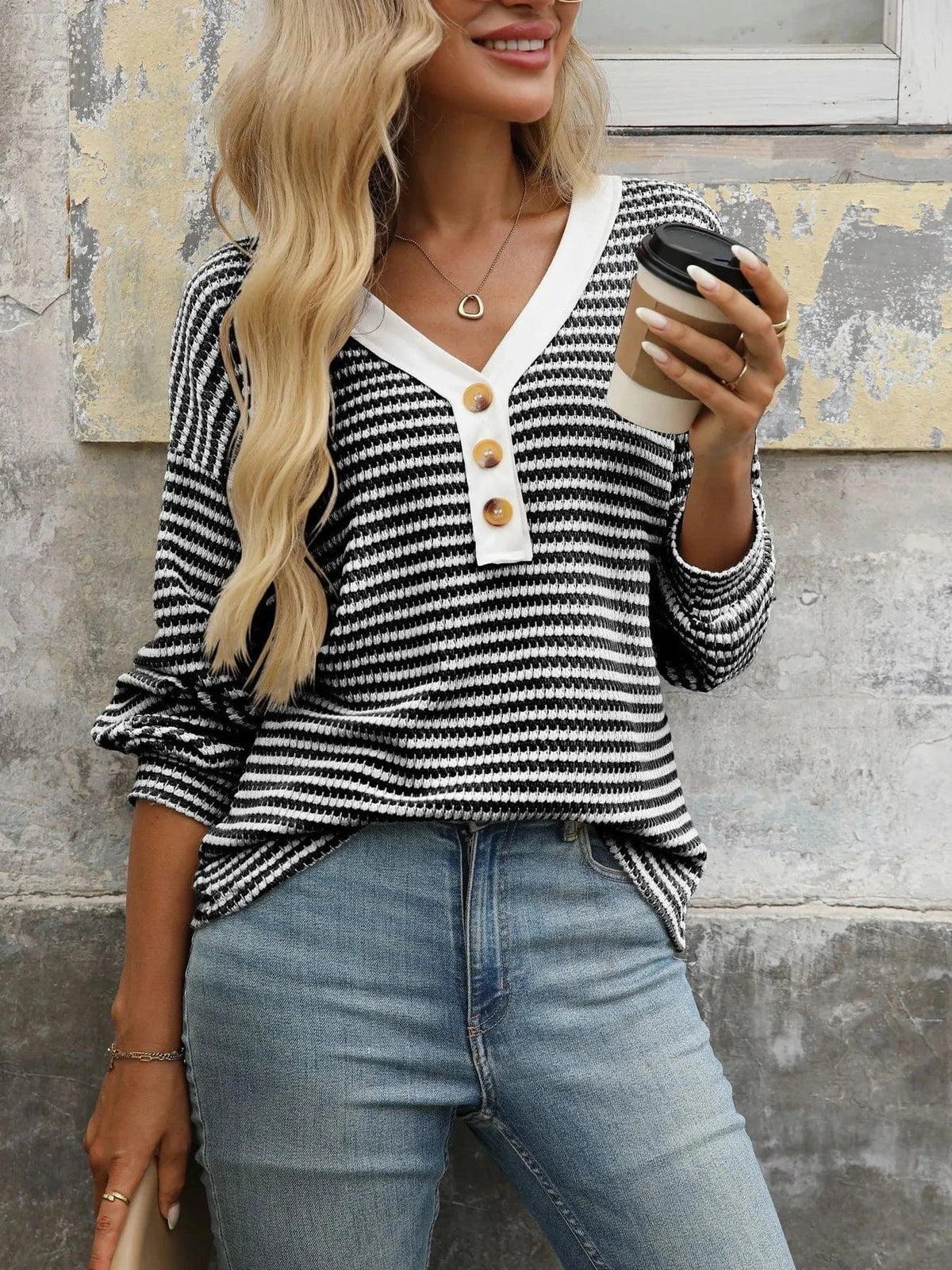 Trendsi Black / S Striped V-Neck Button Front Casual Top