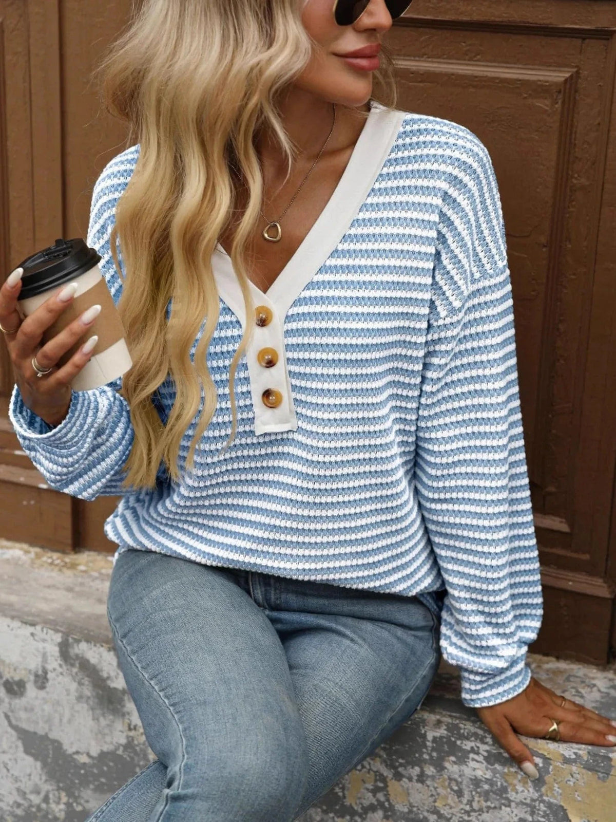 Trendsi Striped V-Neck Button Front Casual Top