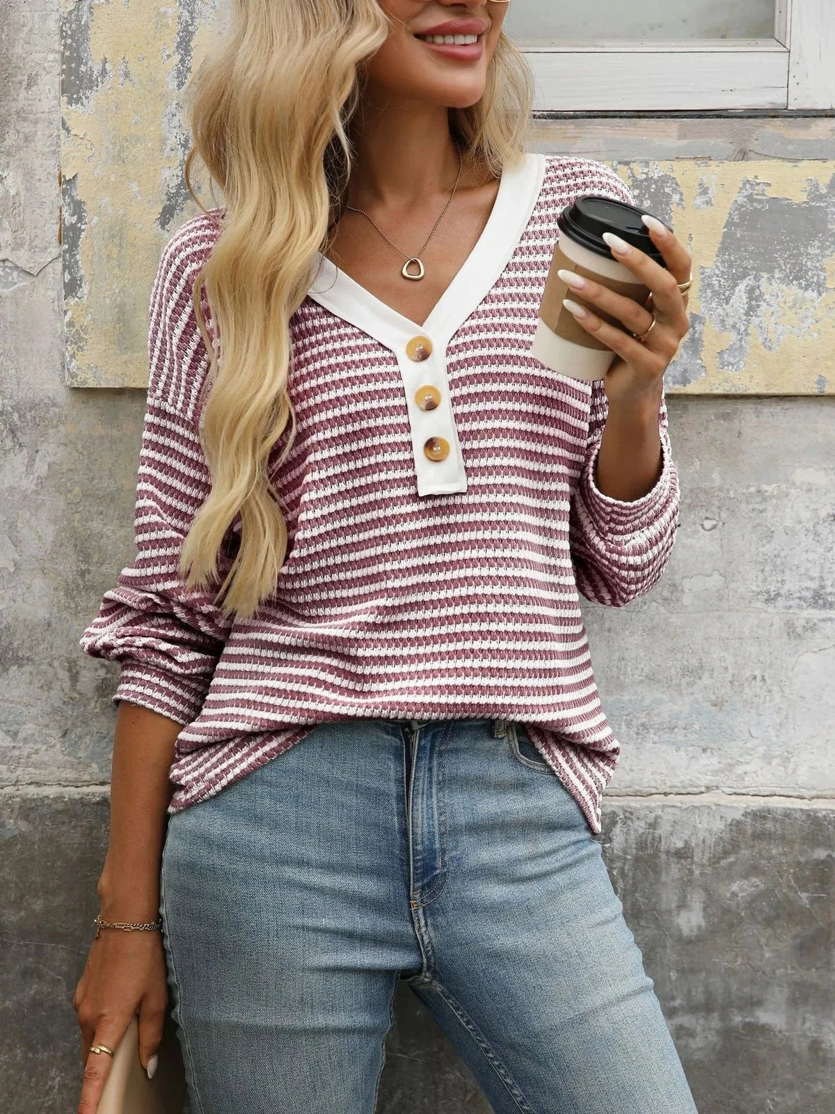 Trendsi Striped V-Neck Button Front Casual Top