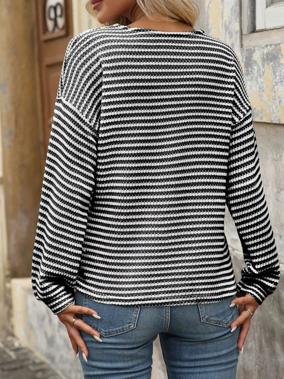 Trendsi Striped V-Neck Button Front Casual Top