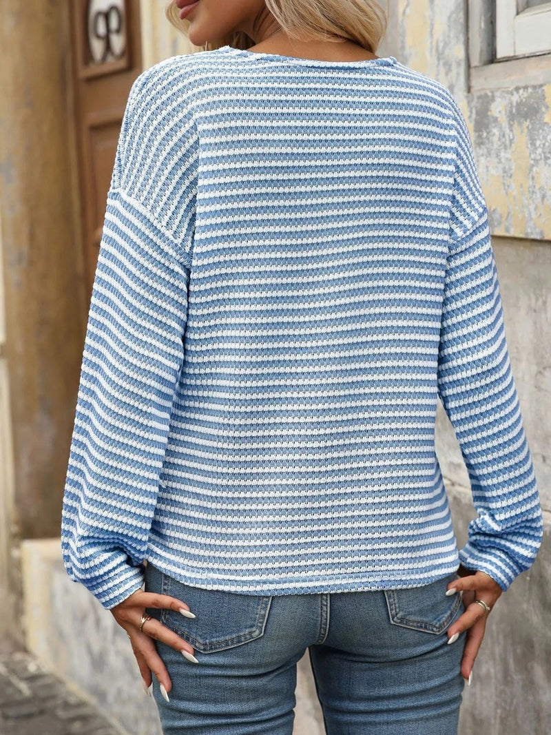 Trendsi Striped V-Neck Button Front Casual Top