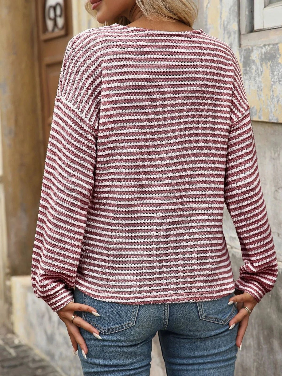Trendsi Striped V-Neck Button Front Casual Top