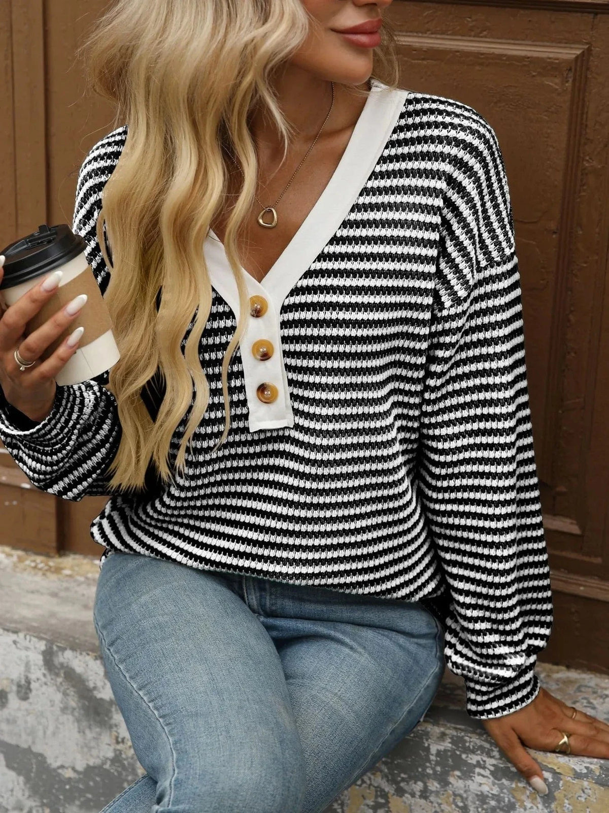 Trendsi Striped V-Neck Button Front Casual Top