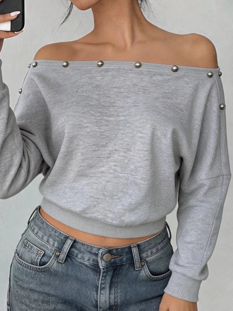 Studded off-shoulder long sleeve T-shirt, alternate product image