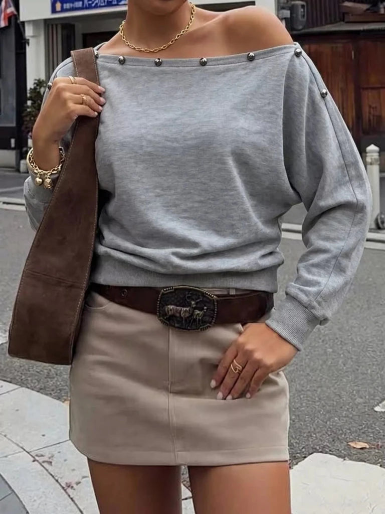 Studded off-shoulder long sleeve T-shirt, alternate product image