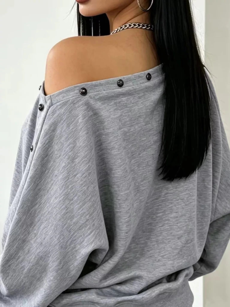 Studded off-shoulder long sleeve T-shirt, alternate product image