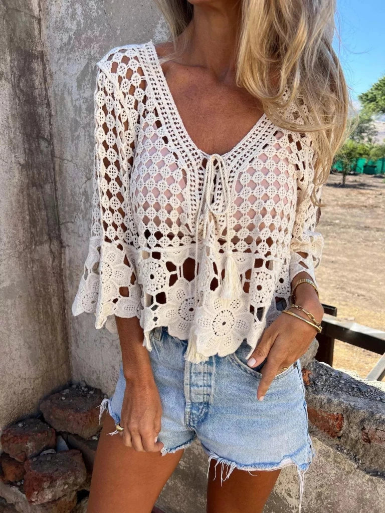 Tassel Crochet Knit Cover Up - Apricot by Trendsi from FREYA’S CLOSET