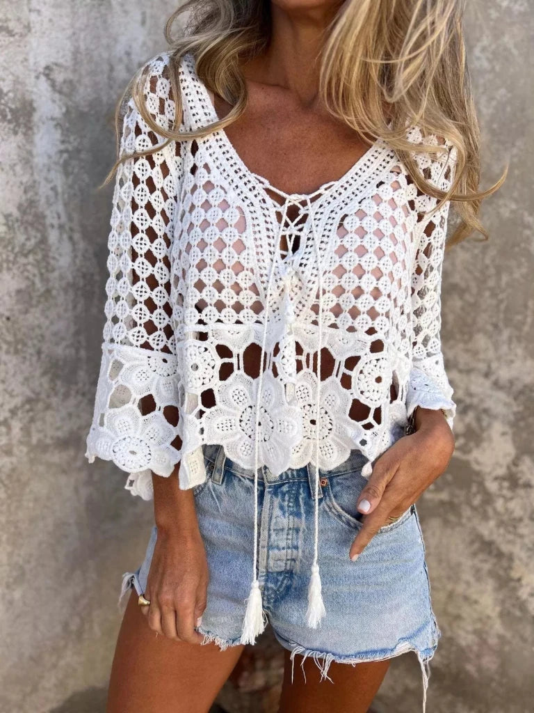 Tassel Crochet Knit Cover Up - White by Trendsi from FREYA’S CLOSET