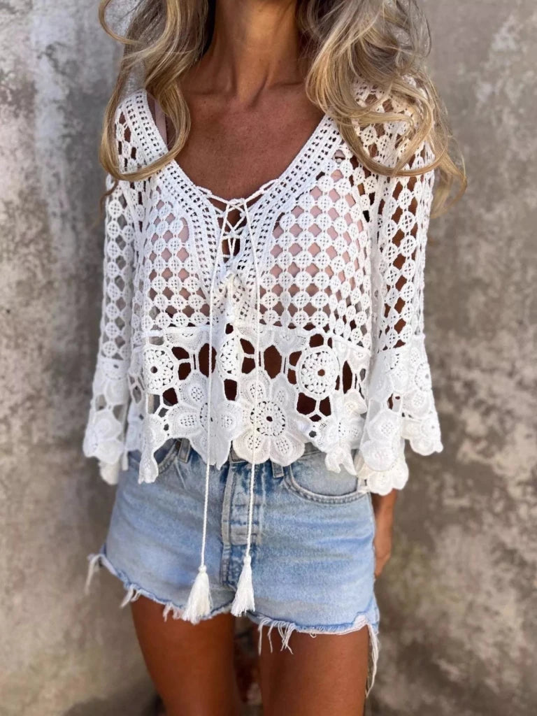Tassel Crochet Knit Cover Up - White by Trendsi from FREYA’S CLOSET