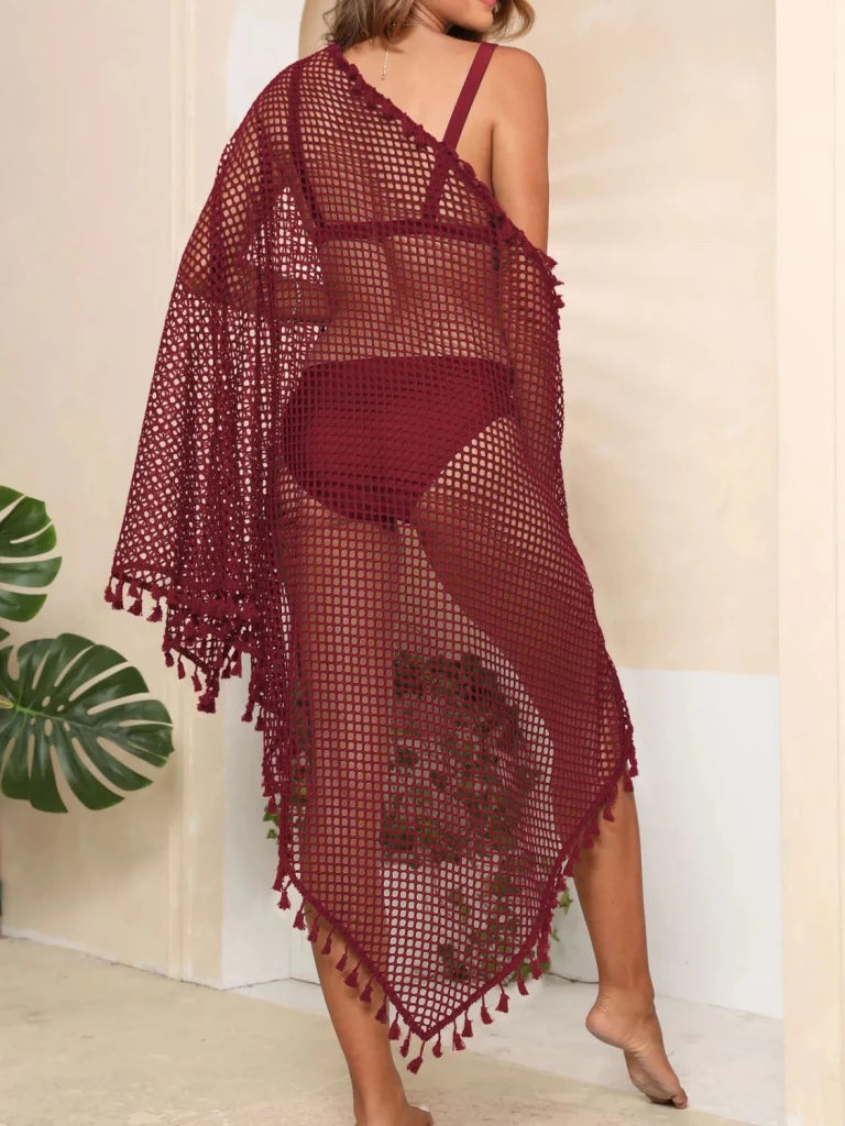 Tassel Openwork Open Front Cover - Up - Burgundy by Trendsi from FREYA’S CLOSET