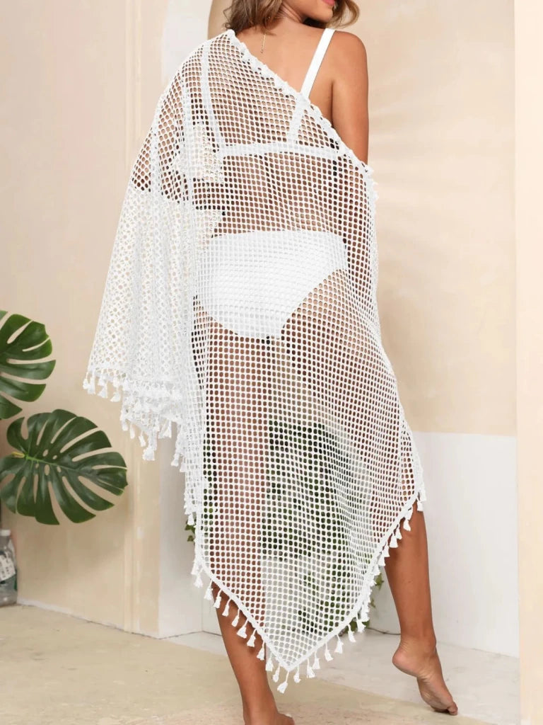 Tassel Openwork Open Front Cover - Up - White by Trendsi from FREYA’S CLOSET