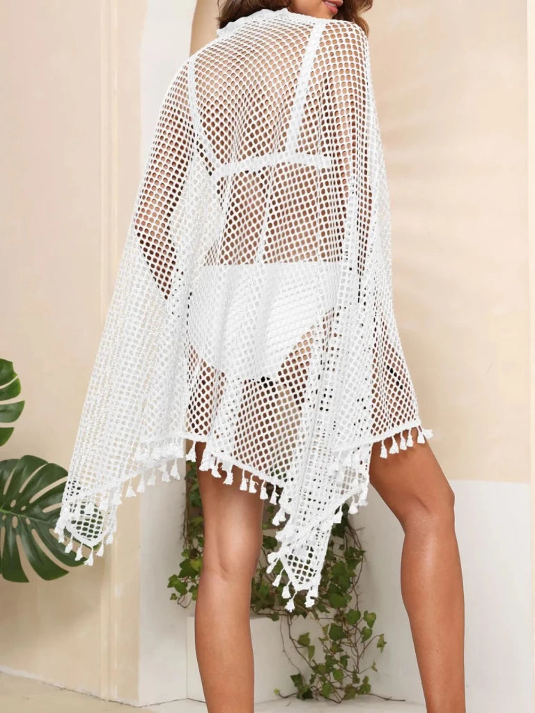 Tassel Openwork Open Front Cover - Up - White by Trendsi from FREYA’S CLOSET