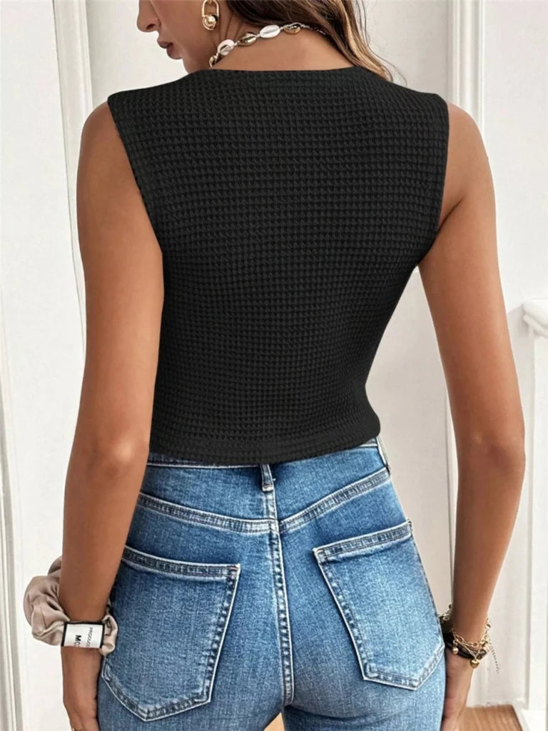 Textured Button - Front Sleeveless Vest Top - Black by Trendsi from FREYA’S CLOSET