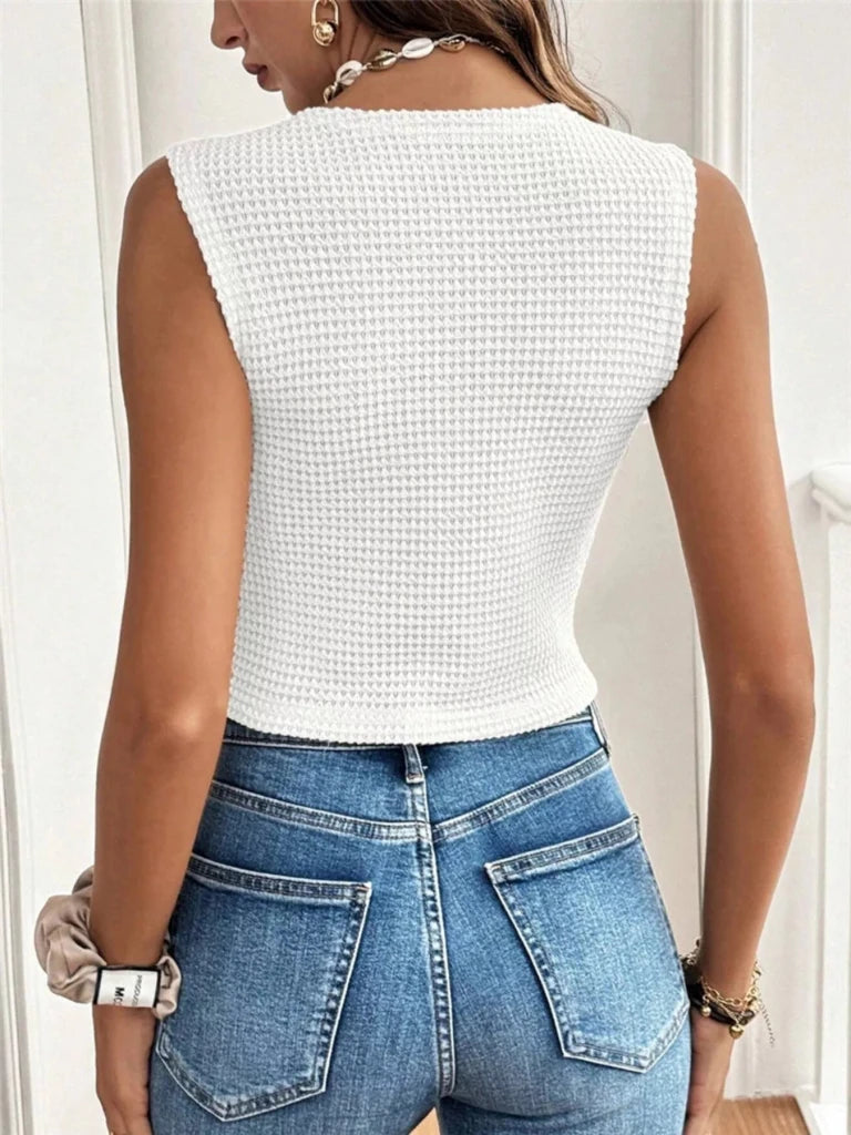 Textured Button - Front Sleeveless Vest Top - White by Trendsi from FREYA’S CLOSET