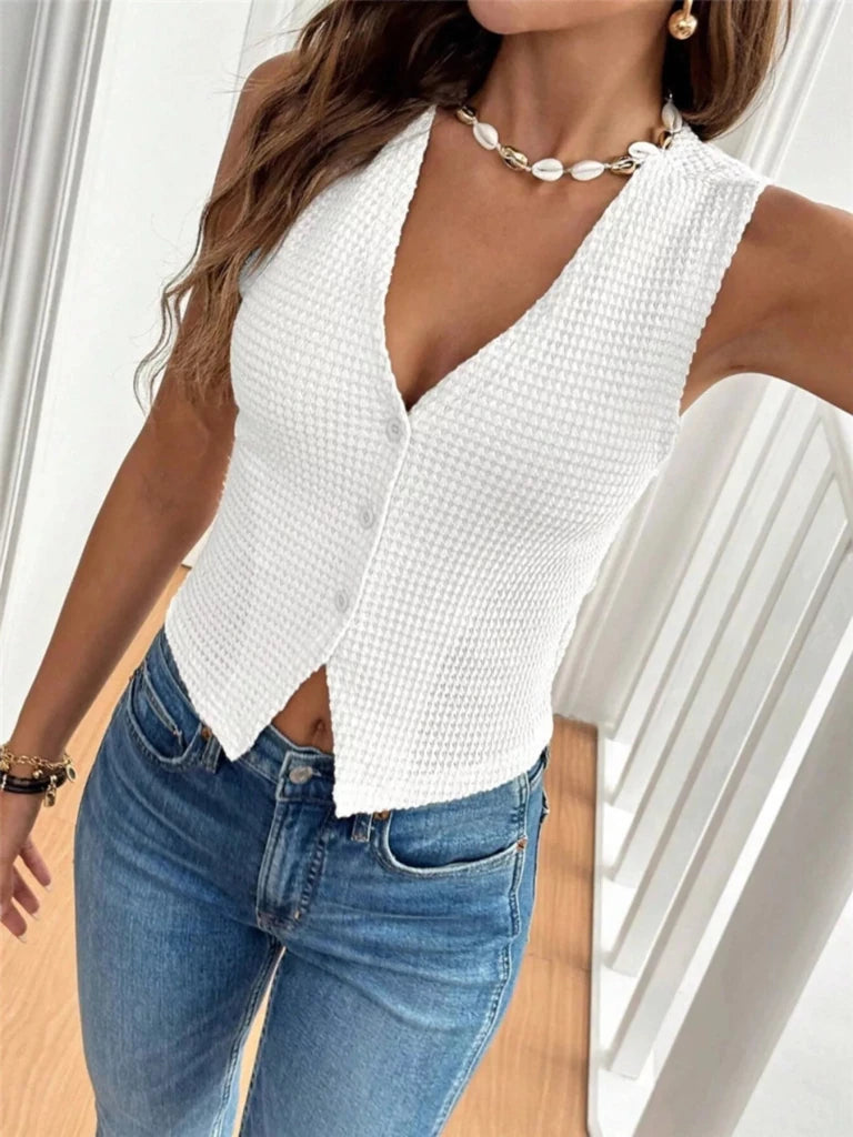 Textured Button - Front Sleeveless Vest Top - White by Trendsi from FREYA’S CLOSET
