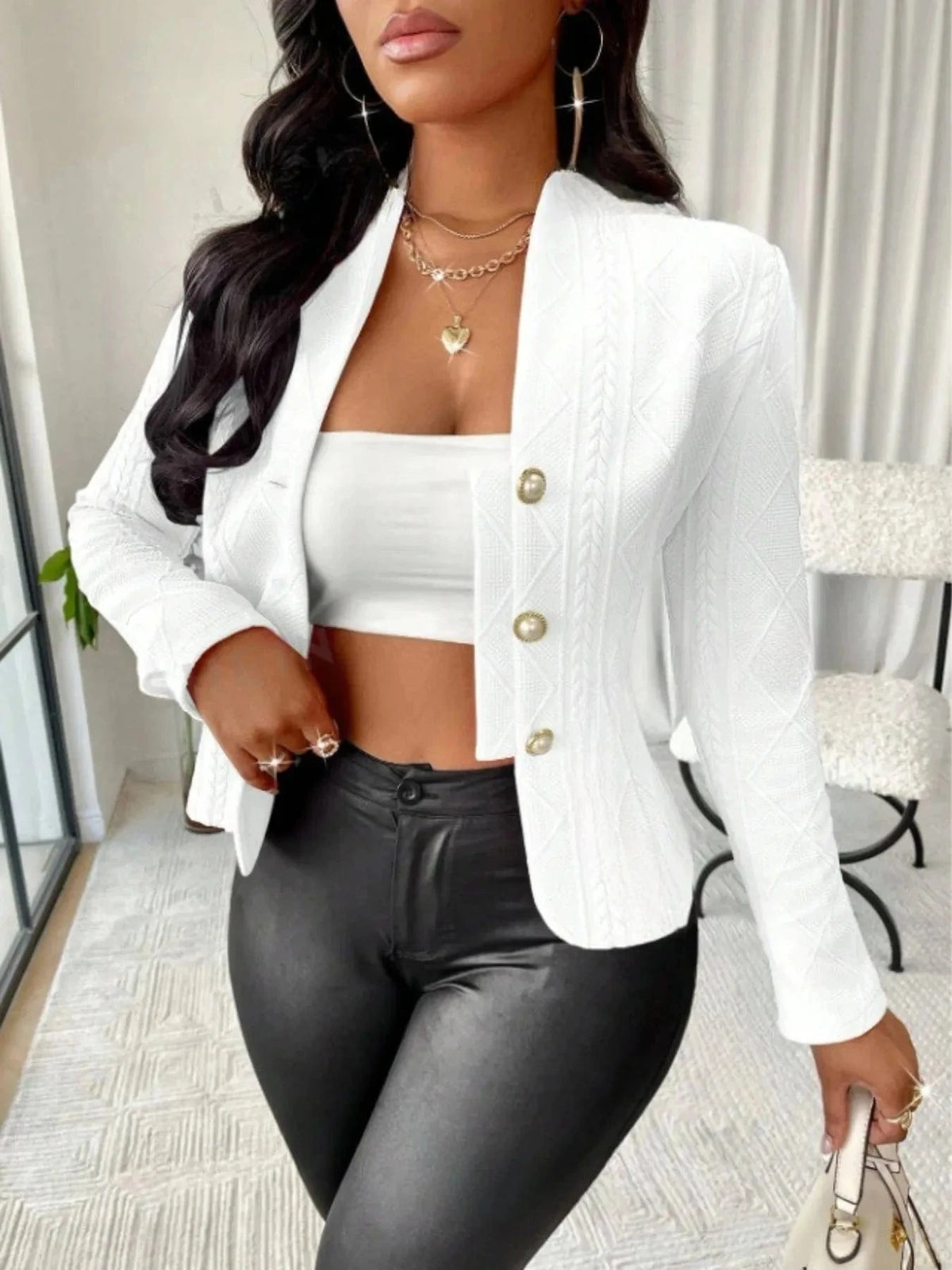 Trendsi Jacket White / S Textured Button Up Long Sleeve Jacket