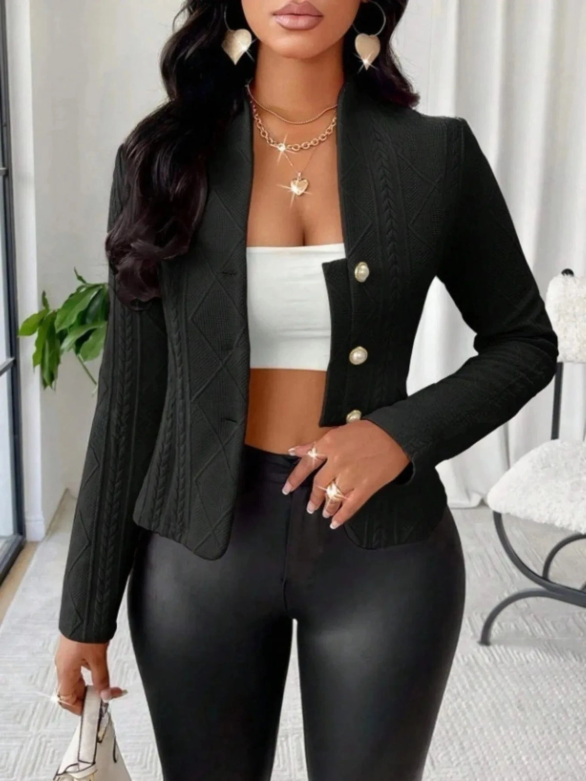 Trendsi Jacket Black / S Textured Button Up Long Sleeve Jacket