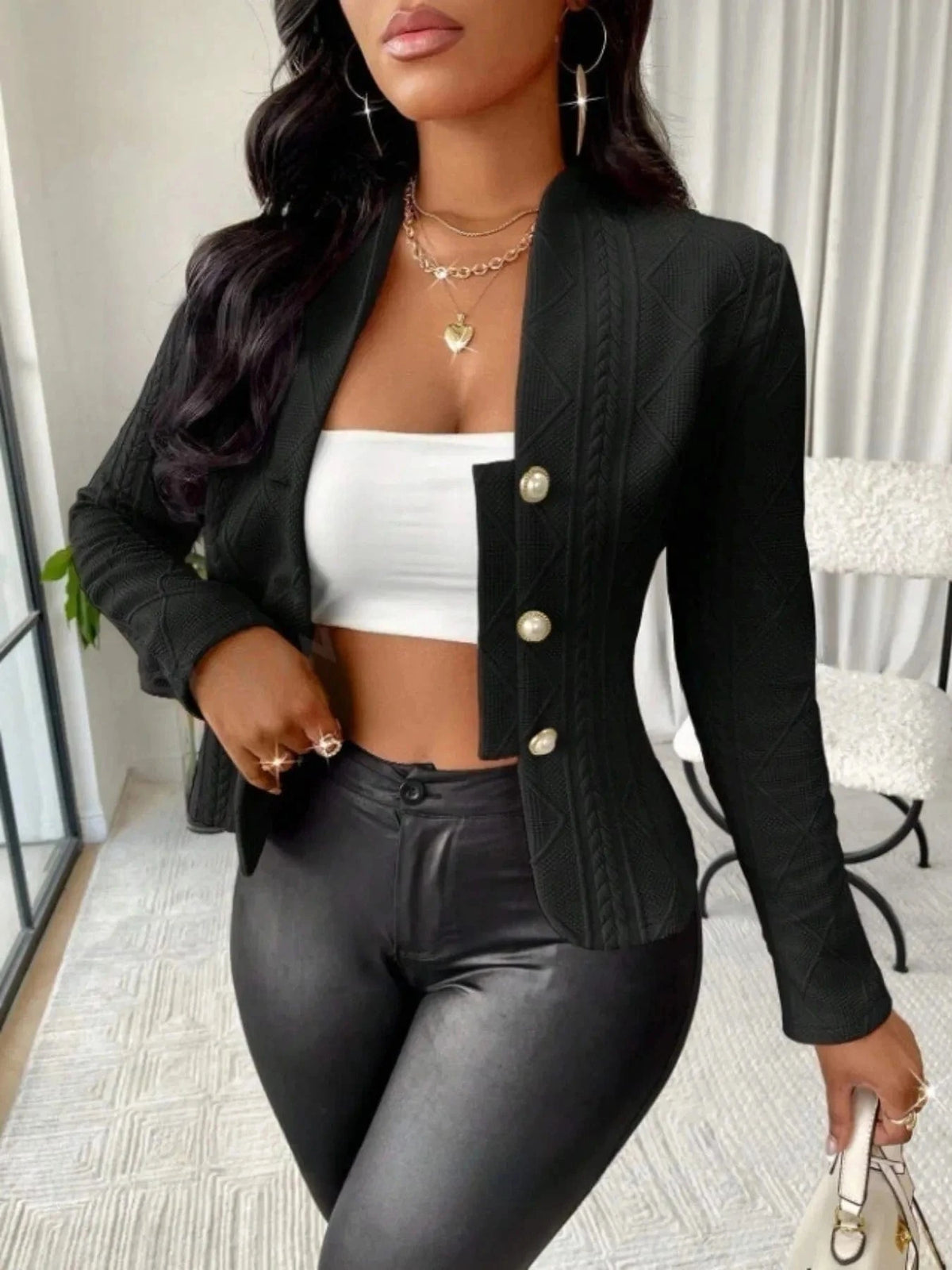 Trendsi Jacket Textured Button Up Long Sleeve Jacket