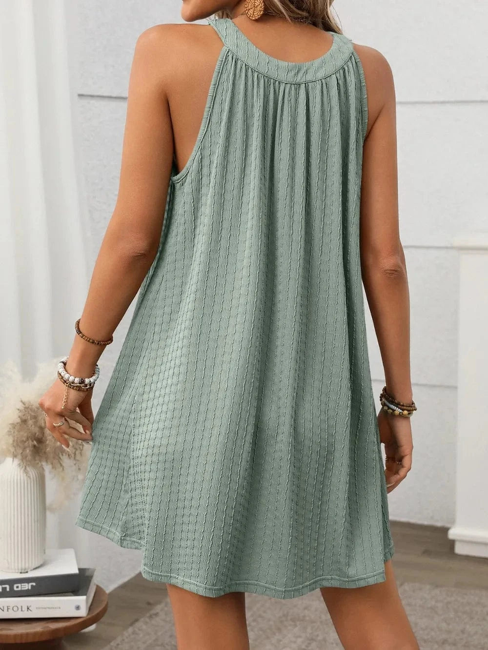 Trendsi Textured Grecian Neck Mini Dress
