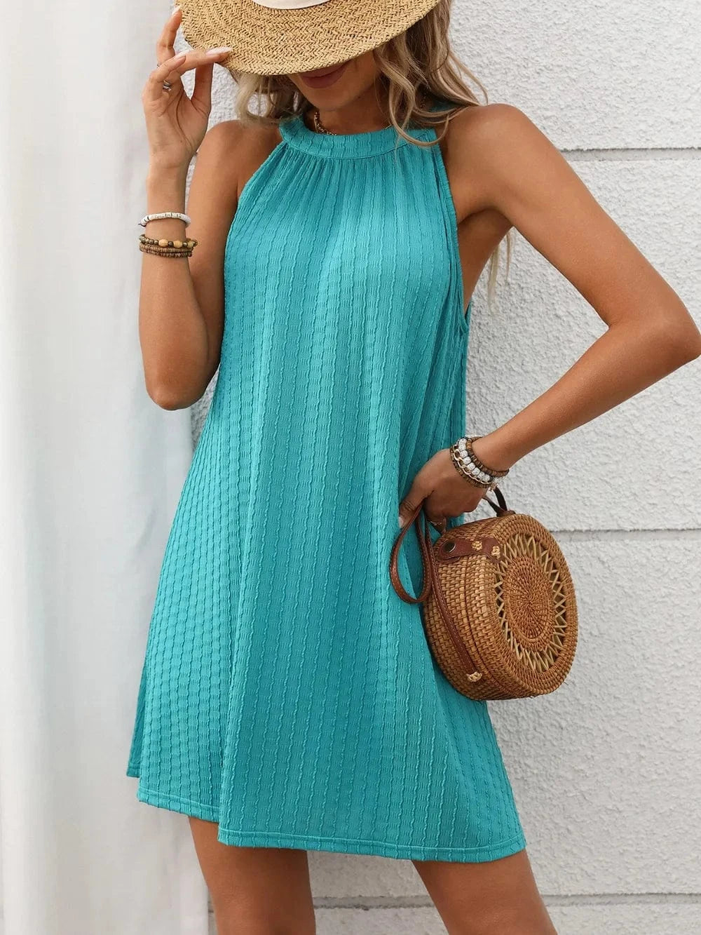 Trendsi Textured Grecian Neck Mini Dress