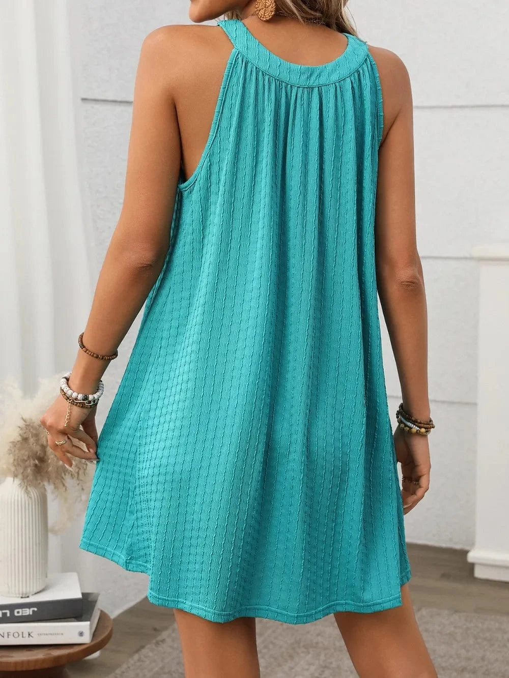 Trendsi Textured Grecian Neck Mini Dress