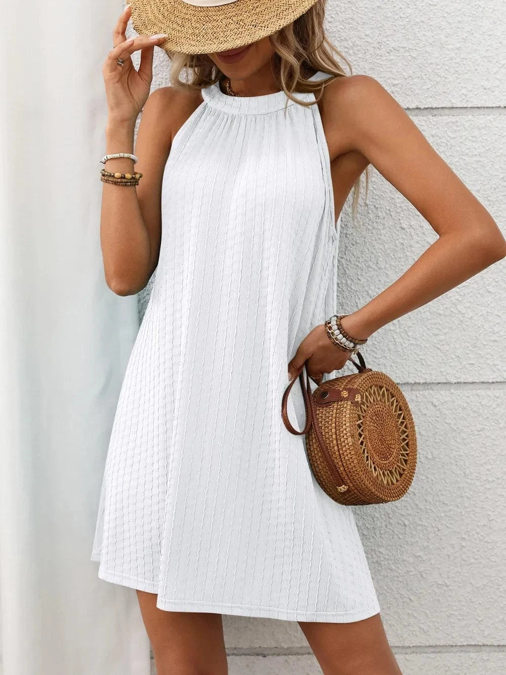Trendsi White / S Textured Grecian Neck Mini Dress