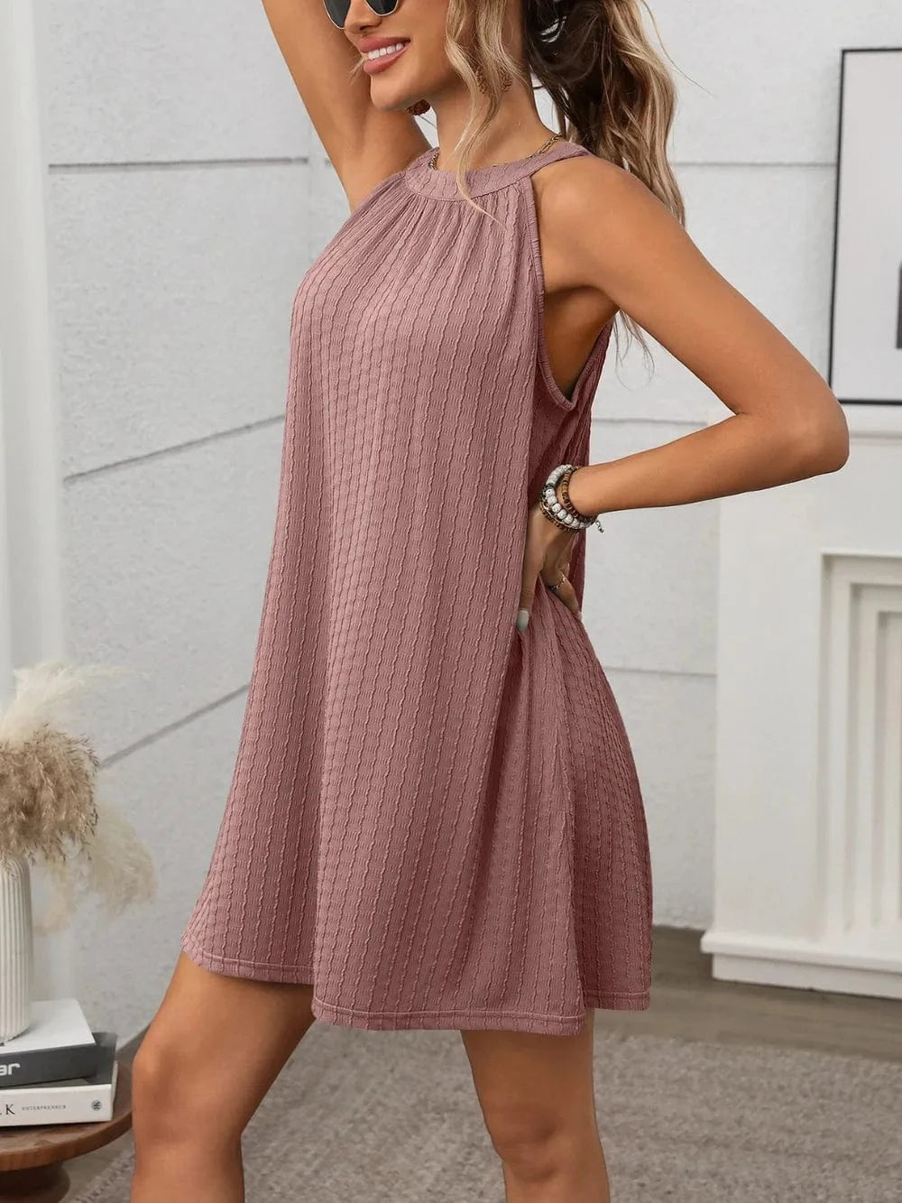 Trendsi Textured Grecian Neck Mini Dress