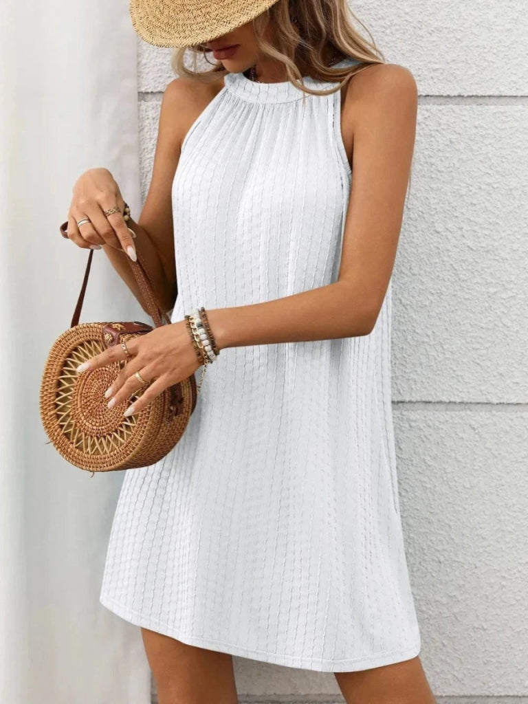 Textured Grecian Neck Mini Dress - White by Trendsi from FREYA’S CLOSET