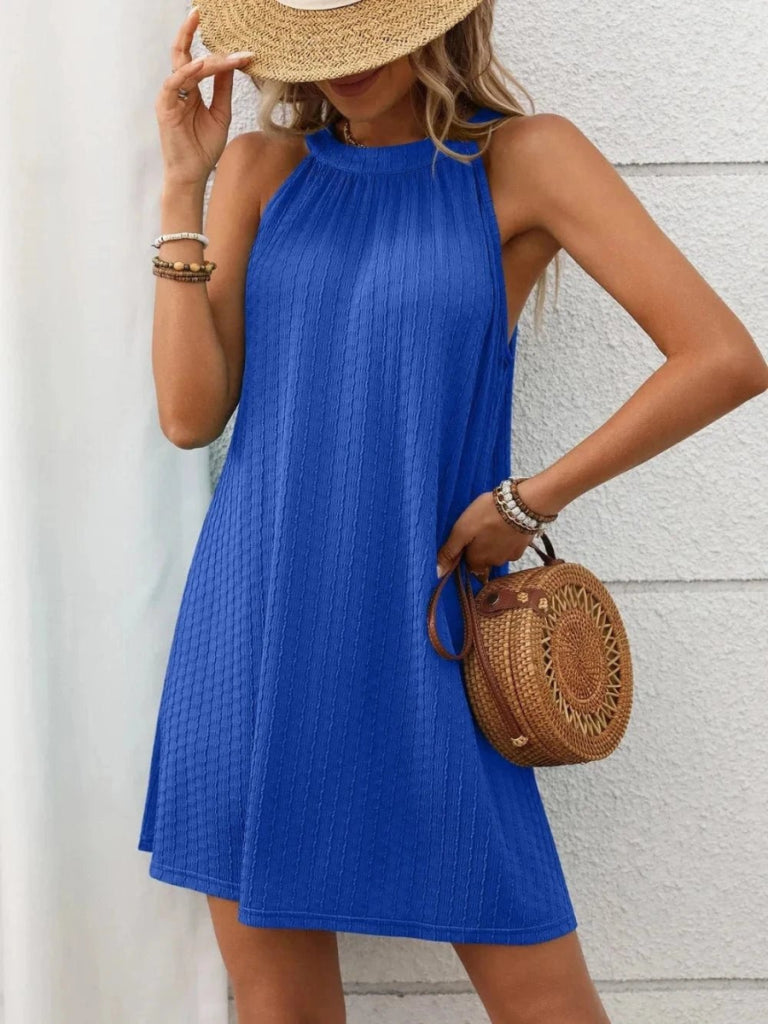 Textured Grecian Neck Mini Dress - Royal Blue by Trendsi from FREYA’S CLOSET