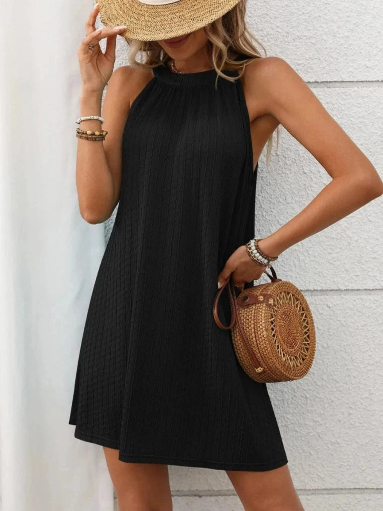 Textured Grecian Neck Mini Dress - Black by Trendsi from FREYA’S CLOSET