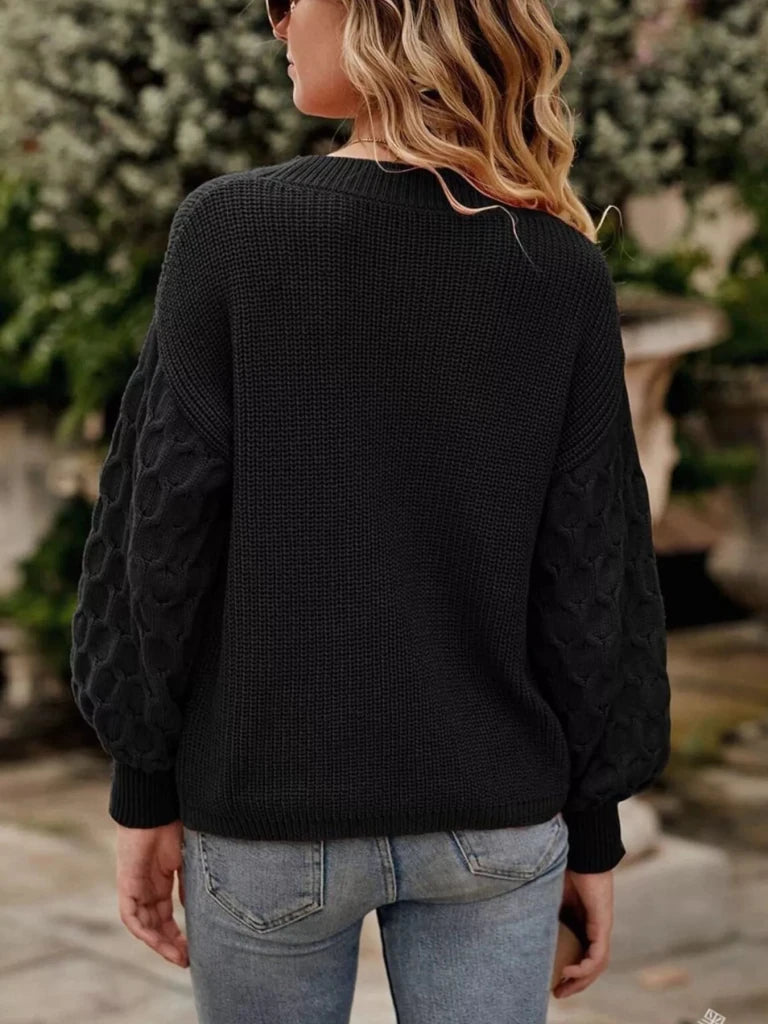 Textured sleeve round neck sweater, alternate product image