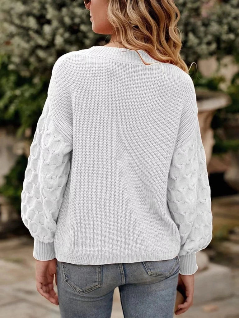 Textured sleeve round neck sweater, alternate product image