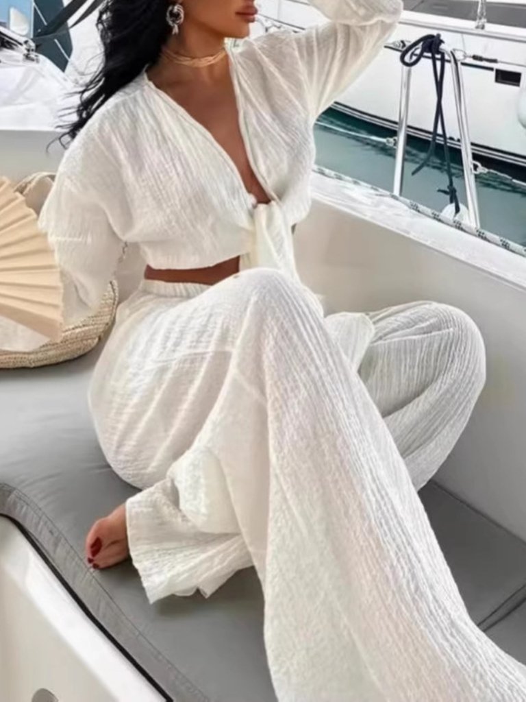Textured Tie - Front Crop Top and Wide Leg Pants Set - White by Trendsi from FREYA’S CLOSET