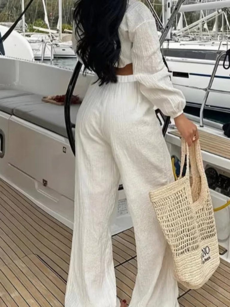 Textured Tie - Front Crop Top and Wide Leg Pants Set - White by Trendsi from FREYA’S CLOSET