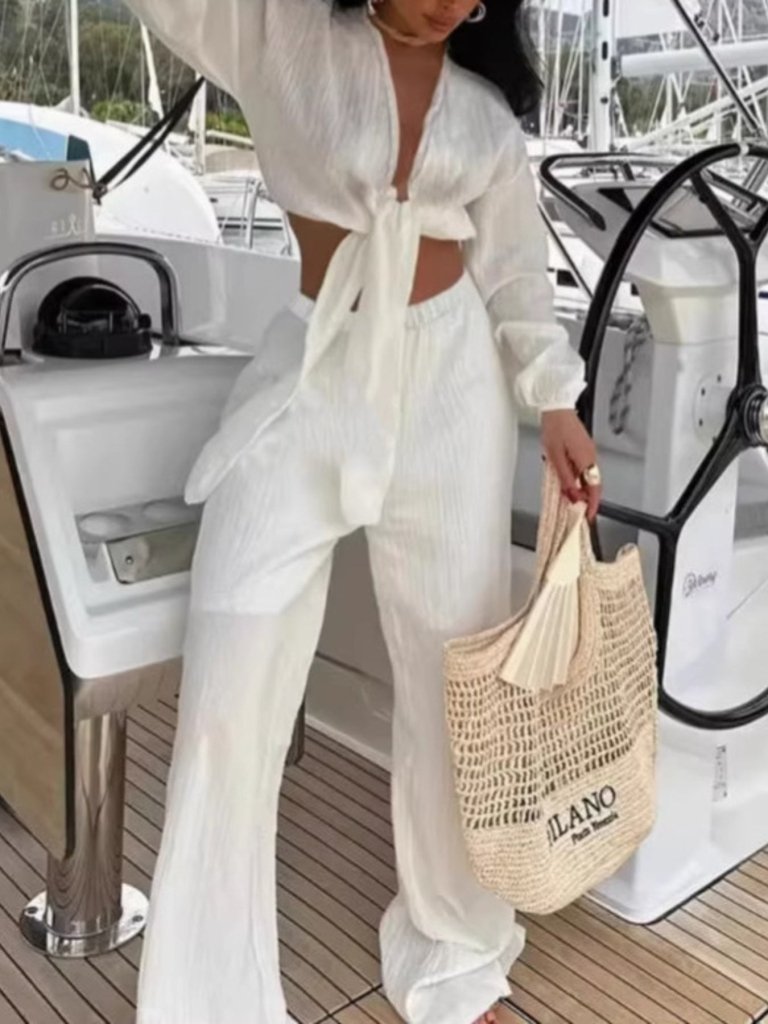 Textured Tie - Front Crop Top and Wide Leg Pants Set - White by Trendsi from FREYA’S CLOSET