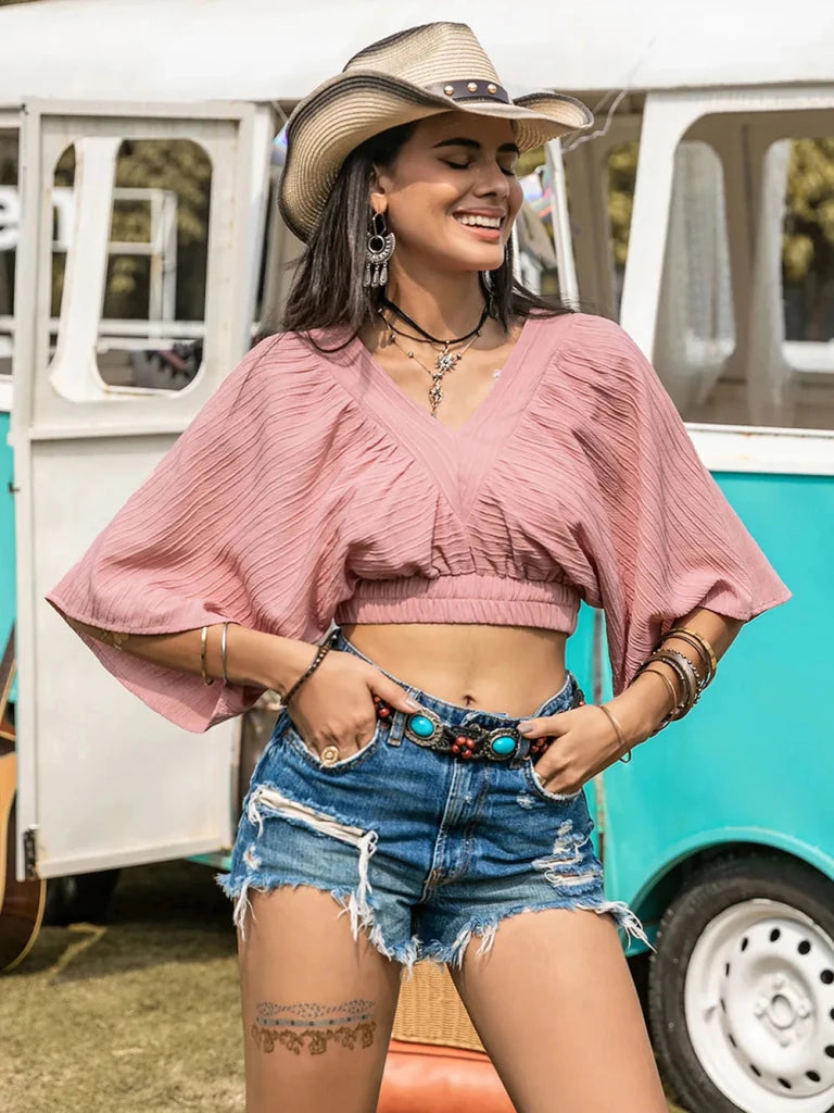 Textured V - Neck Crop Top - Dusty Pink by Trendsi from FREYA’S CLOSET