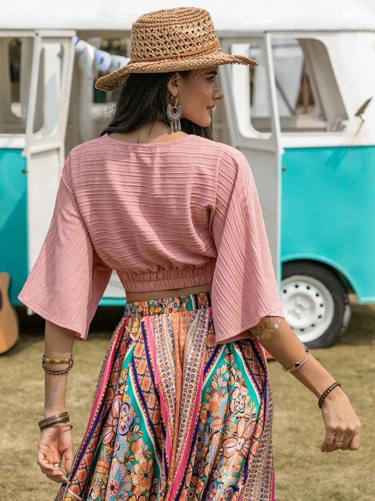 Textured V - Neck Crop Top - Dusty Pink by Trendsi from FREYA’S CLOSET