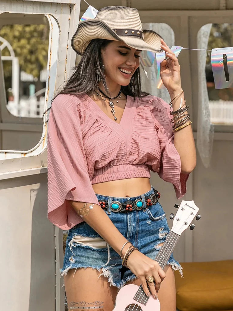 Textured V - Neck Crop Top - Dusty Pink by Trendsi from FREYA’S CLOSET
