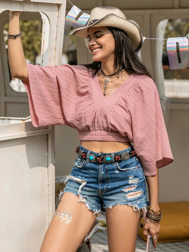 Textured V - Neck Crop Top - Dusty Pink by Trendsi from FREYA’S CLOSET