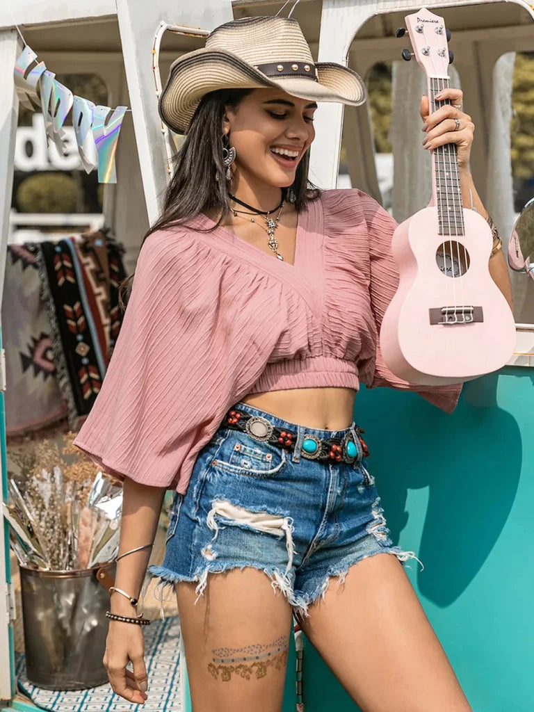 Textured V - Neck Crop Top - Dusty Pink by Trendsi from FREYA’S CLOSET