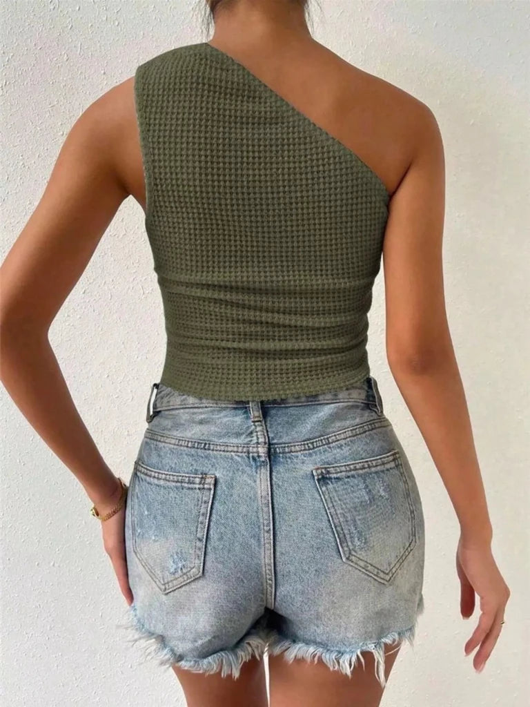 Textured Waffle Knit One - Shoulder Tank - Army Green by Trendsi from FREYA’S CLOSET
