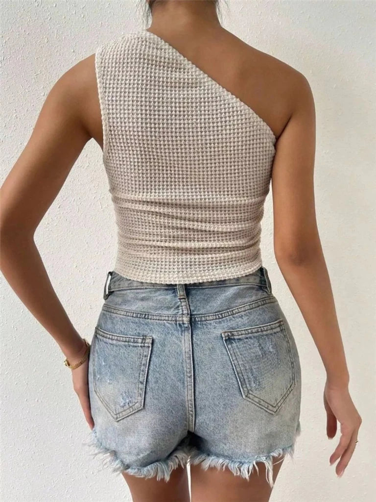 Textured Waffle Knit One - Shoulder Tank - Beige by Trendsi from FREYA’S CLOSET