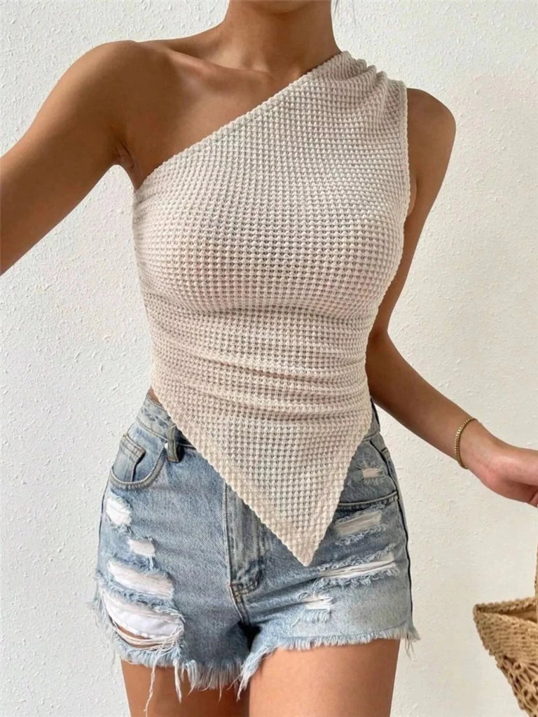 Textured Waffle Knit One - Shoulder Tank - Beige by Trendsi from FREYA’S CLOSET